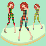 Fashionable models posing on podium in various checkered dresses