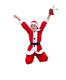 Happy boy in santa costume jumping - isolated