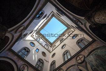 Internal court yard sky view of Palazzo Vecchio in Florence