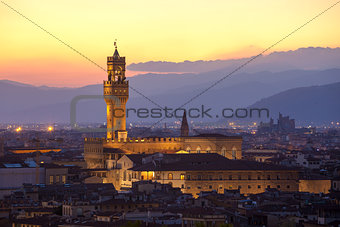 Sunset view of the Palazzo della Signoria tower, Florence