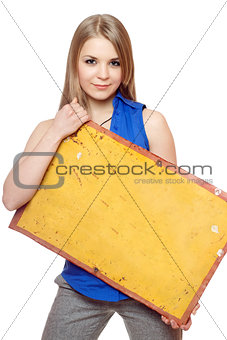 Young woman posing with yellow vintage board