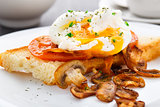 Poached egg with mushrooms and tomatoes