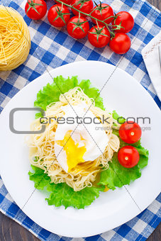 Delicious spaghetti with tomato and poached egg