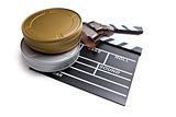 clapper board with film reels