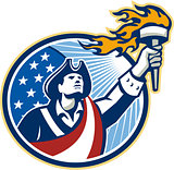 American Patriot Holding Torch Stars Stripes Flag