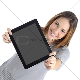 Top view of a woman showing a blank digital tablet screen