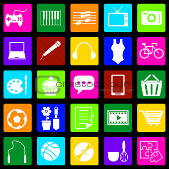 Hobby colorful icons on black background