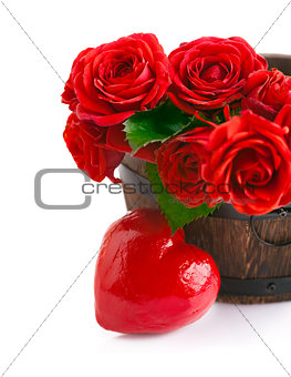 bouquet red roses with symbol of heart