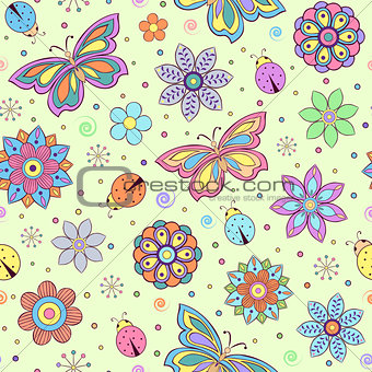 colorful flowers, butterflies and ladybugs