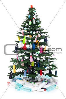 Plastic bottles waste decorating a christmas tree