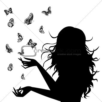 Woman silhouette with butterflies around her