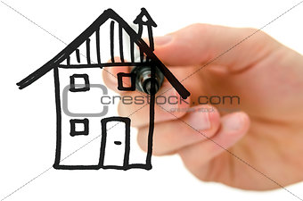 Male hand drawing house on a virtual whiteboard