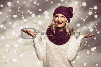 winter girl in white on grunge color 