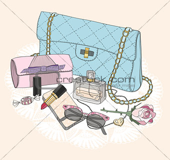 Fashion essentials. Background with bag, sunglasses, shoes