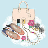 Fashion essentials. Background with bag, sunglasses, shoes