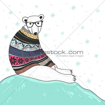 Christmas card with cute hipster polar bear