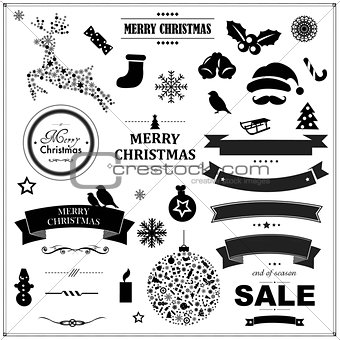 Set Of Vintage Black Christmas Symbols And Ribbons