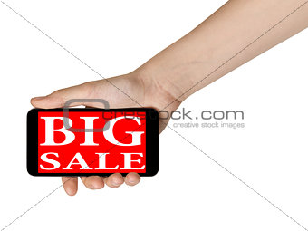 female teen hands showing mobile phone with sale offer