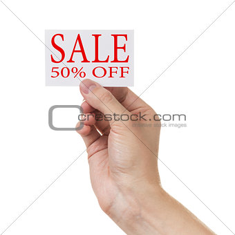 adult man hand holding card with sale promotion words