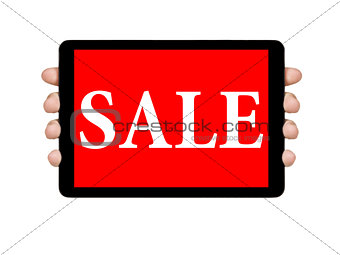 female teen hands showing tablet pc with sale offer