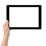female teen hand using tablet pc with white screen