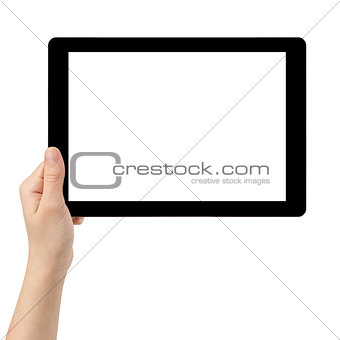 female teen hand using tablet pc with white screen