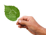 Eco house concept, hand holding eco house icon in nature isolate