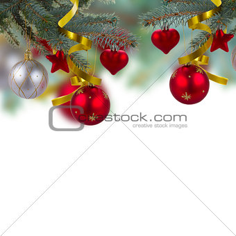 christmas red decorations  hanging on fir tree