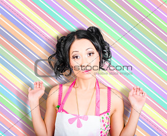 Surprised housewife on stripe copyspace