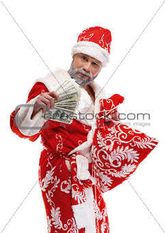Santa Claus with dollars on a white background