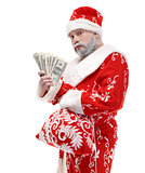 Santa Claus with dollars on a white background