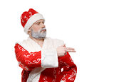 Santa Claus shows his hand to the right, a white background