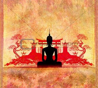 Silhouette of a Buddha,Asian landscape in the background