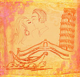 kissing couple in italy - vintage illustration