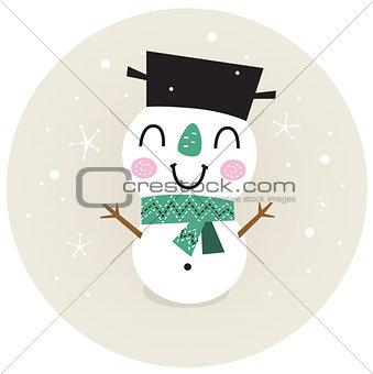 Cute retro Snowman boy in circle isolated on beige