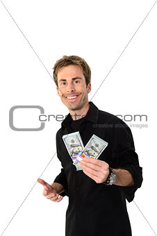 Young man holding hundred dollar bills