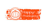 happy thanksgiving drawn banner with pumpkin and fall leaves