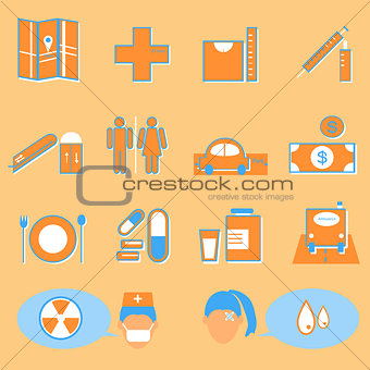Hospital and medical color icons on orange background