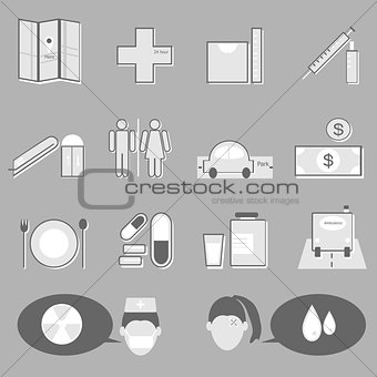 Hospital and medical icons on gray background