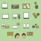 Media and communication color icons on green background