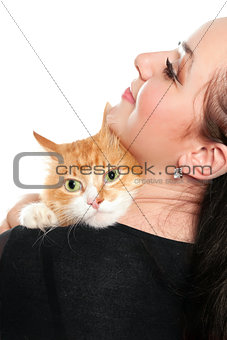 Portrait of young woman with a red cat. Isolated