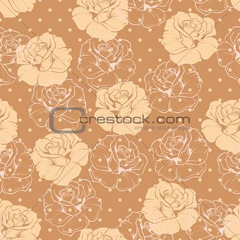 Seamless vector floral pattern elegant beige roses on brown background with polka dots