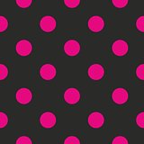 Seamless vector pattern or texture with neon pink polka dots on black background.