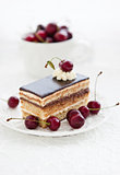 Portion of Opera cake decorated with fresh cherry