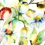 Watercolor painting of Tulips and Chamomile flowers