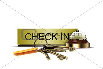 Check In Sign with Call Bell and Bunch of Keys