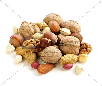 Assortment of different nuts (peanuts, hazelnuts, pistachios, walnuts)