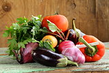 autumn harvest vegetables (eggplant, carrots, tomatoes, garlic)