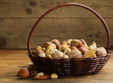 Assortment of different nuts (peanuts, hazelnuts, pistachios, walnuts)