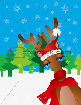 Santa Reindeer with Santa Hat Snow Scene Illustration